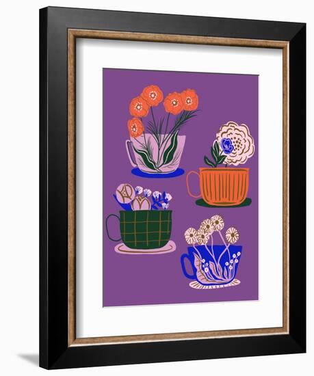 Floral Teacups - Purple-Tara Reed-Framed Art Print