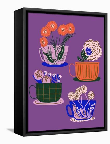 Floral Teacups - Purple-Tara Reed-Framed Stretched Canvas