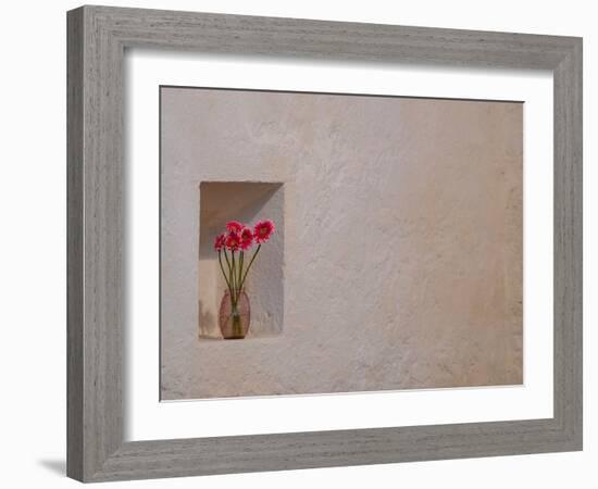 Floral tribute growing a niche in the stone walls of Ballintubber Abbey, County Mayo, Ireland.-Betty Sederquist-Framed Photographic Print