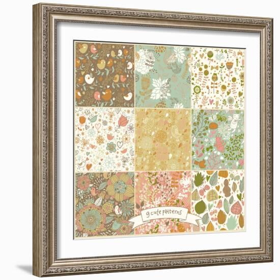 Floral Vintage Patterns with Birds and Butterflies-smilewithjul-Framed Art Print