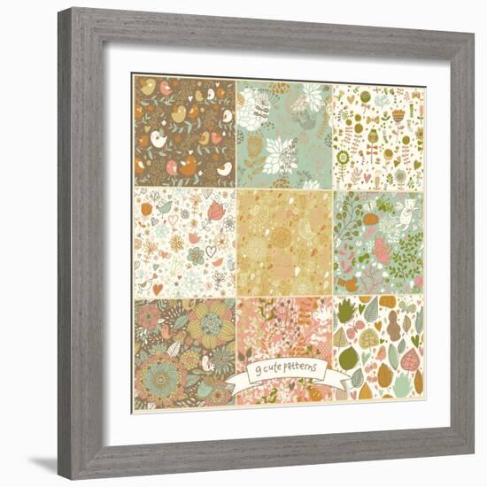 Floral Vintage Patterns with Birds and Butterflies-smilewithjul-Framed Art Print