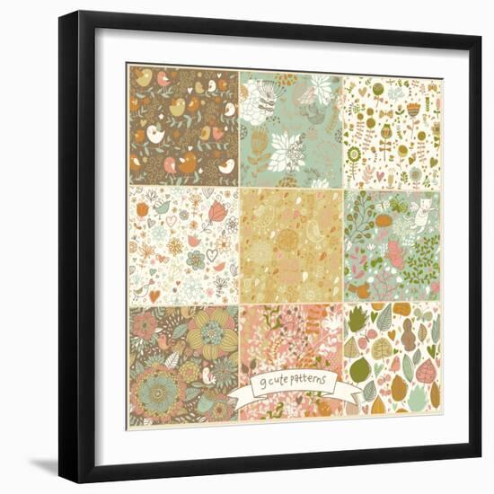 Floral Vintage Patterns with Birds and Butterflies-smilewithjul-Framed Art Print
