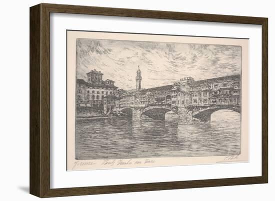 Florence, Ponte Vecchio with Tower, Probably Late 19Th Century (Etching)-Unknown Artist-Framed Giclee Print