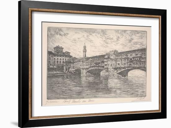 Florence, Ponte Vecchio with Tower, Probably Late 19Th Century (Etching)-Unknown Artist-Framed Giclee Print