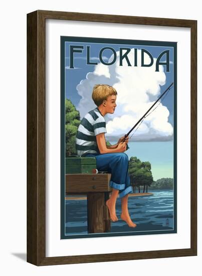 Florida - Boy Fishing-Lantern Press-Framed Art Print