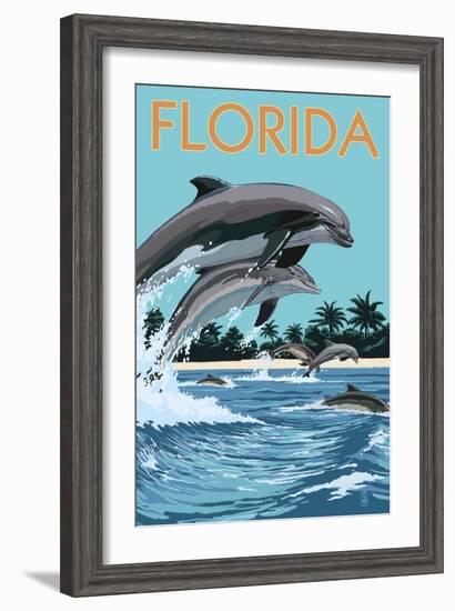 Florida - Dolphins Jumping-Lantern Press-Framed Art Print