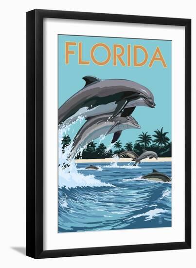 Florida - Dolphins Jumping-Lantern Press-Framed Art Print