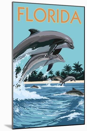 Florida - Dolphins Jumping-Lantern Press-Mounted Art Print