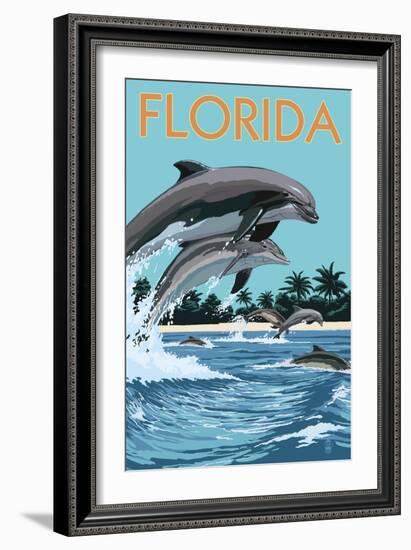 Florida - Dolphins Jumping-Lantern Press-Framed Art Print