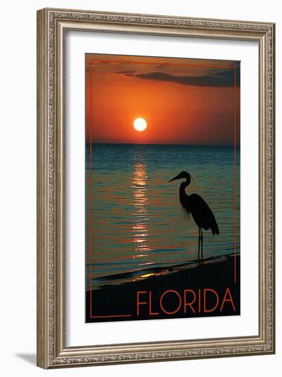 Florida - Heron and Sunset-Lantern Press-Framed Art Print