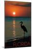 Florida - Heron and Sunset-Lantern Press-Mounted Art Print