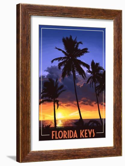 Florida Keys, Florida - Palms and Sunset-Lantern Press-Framed Art Print