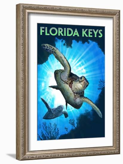 Florida Keys - Sea Turtle Diving-Lantern Press-Framed Premium Giclee Print