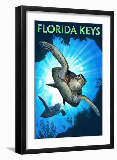 Florida Keys - Sea Turtle Diving-Lantern Press-Framed Premium Giclee Print