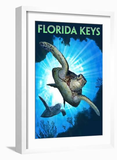 Florida Keys - Sea Turtle Diving-Lantern Press-Framed Premium Giclee Print