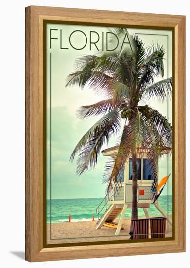 Florida - Lifeguard Shack and Palm-Lantern Press-Framed Stretched Canvas
