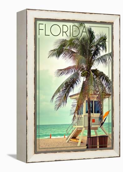 Florida - Lifeguard Shack and Palm-Lantern Press-Framed Stretched Canvas