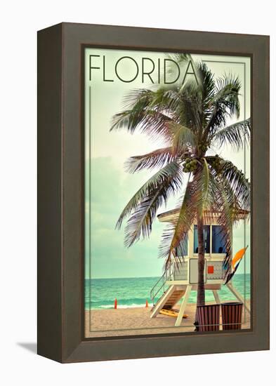 Florida - Lifeguard Shack and Palm-Lantern Press-Framed Stretched Canvas