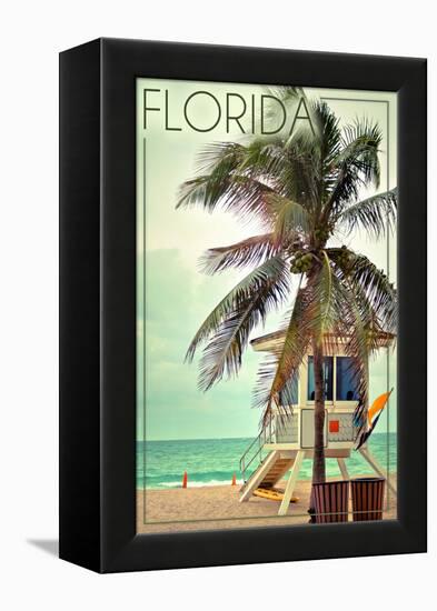 Florida - Lifeguard Shack and Palm-Lantern Press-Framed Stretched Canvas