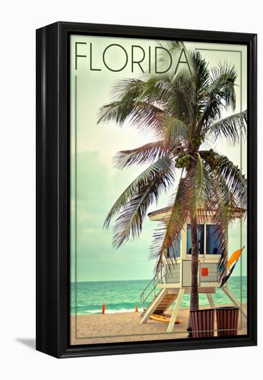 Florida - Lifeguard Shack and Palm-Lantern Press-Framed Stretched Canvas