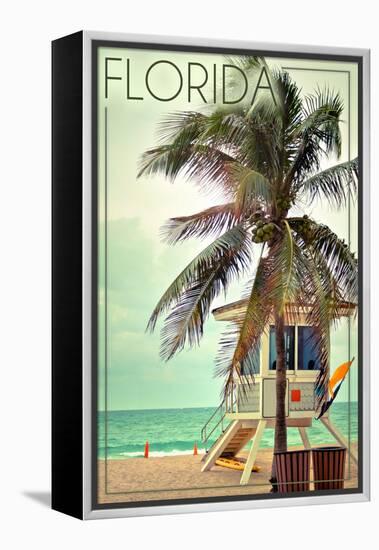 Florida - Lifeguard Shack and Palm-Lantern Press-Framed Stretched Canvas