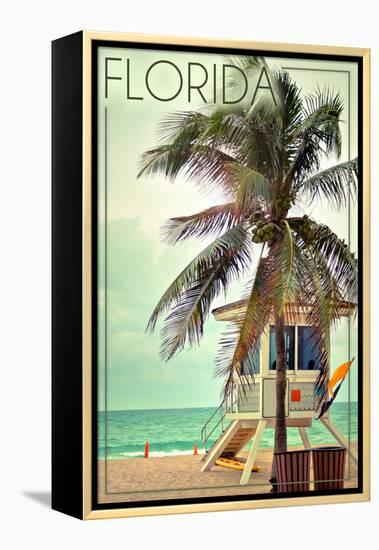 Florida - Lifeguard Shack and Palm-Lantern Press-Framed Stretched Canvas