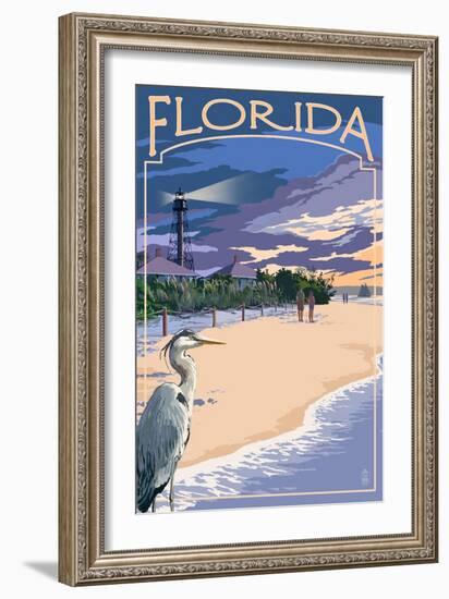 Florida - Lighthouse and Blue Heron Sunset-Lantern Press-Framed Art Print