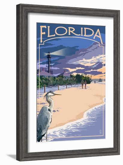 Florida - Lighthouse and Blue Heron Sunset-Lantern Press-Framed Art Print