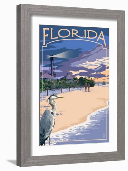 Florida - Lighthouse and Blue Heron Sunset-Lantern Press-Framed Art Print