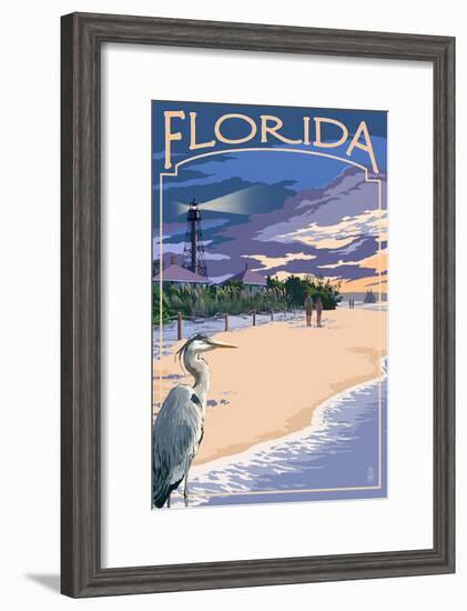 Florida - Lighthouse and Blue Heron Sunset-Lantern Press-Framed Art Print