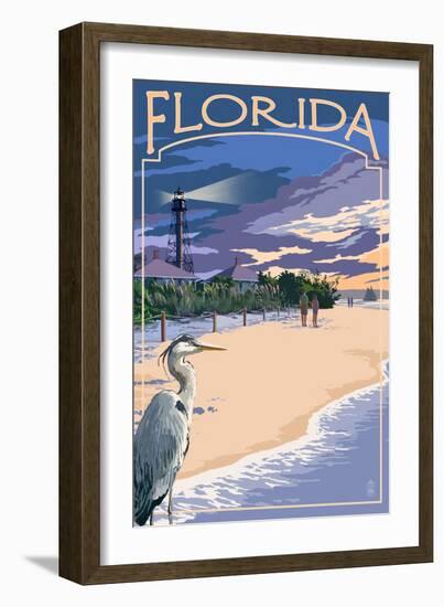 Florida - Lighthouse and Blue Heron Sunset-Lantern Press-Framed Art Print