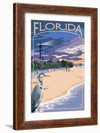 Florida - Lighthouse and Blue Heron Sunset-Lantern Press-Framed Art Print