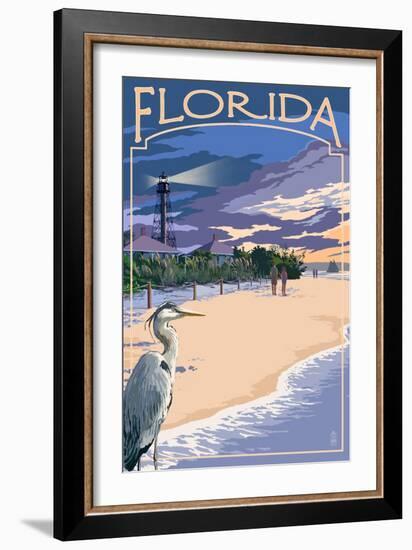 Florida - Lighthouse and Blue Heron Sunset-Lantern Press-Framed Art Print