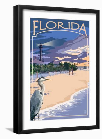 Florida - Lighthouse and Blue Heron Sunset-Lantern Press-Framed Art Print