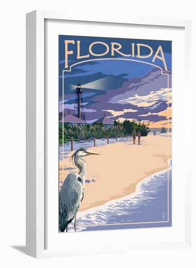 Florida - Lighthouse and Blue Heron Sunset-Lantern Press-Framed Art Print