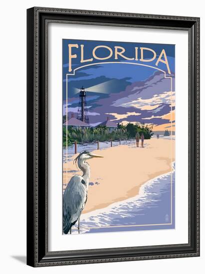 Florida - Lighthouse and Blue Heron Sunset-Lantern Press-Framed Art Print