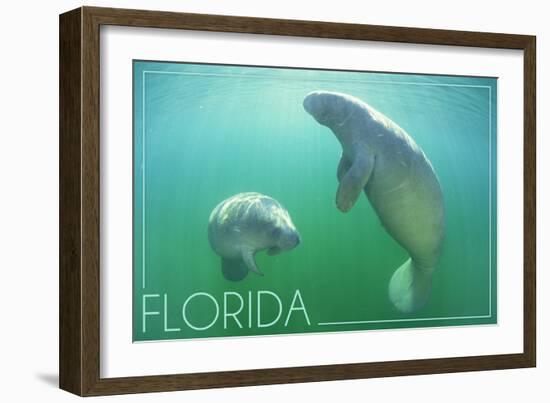 Florida - Manatees Underwater-Lantern Press-Framed Art Print