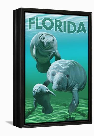 Florida - Manatees-Lantern Press-Framed Stretched Canvas