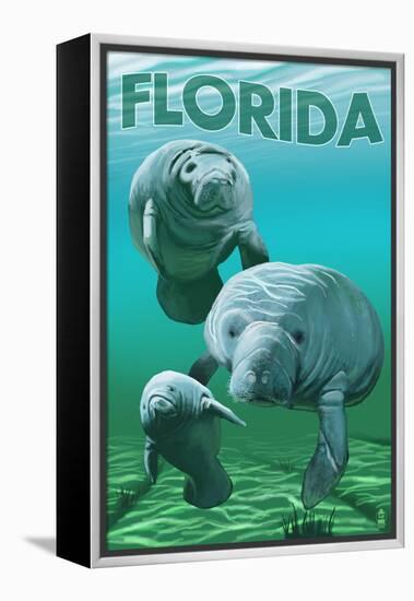 Florida - Manatees-Lantern Press-Framed Stretched Canvas