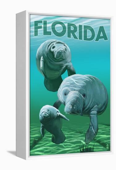 Florida - Manatees-Lantern Press-Framed Stretched Canvas