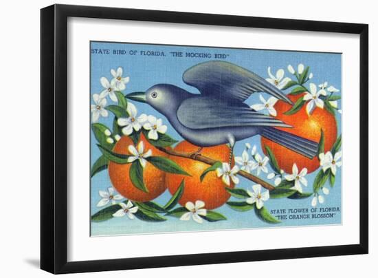 Florida - Mockingbird and Orange Blossoms, State Bird and Flower-Lantern Press-Framed Art Print