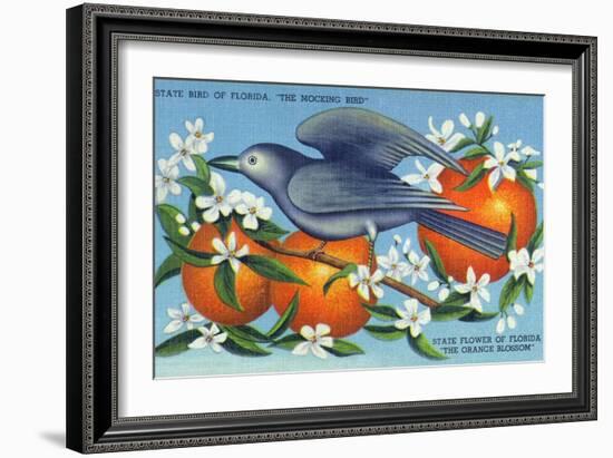 Florida - Mockingbird and Orange Blossoms, State Bird and Flower-Lantern Press-Framed Art Print