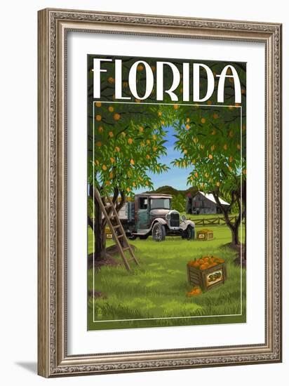 Florida - Orange Grove with Truck-Lantern Press-Framed Premium Giclee Print