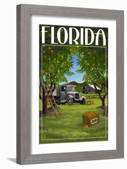 Florida - Orange Grove with Truck-Lantern Press-Framed Premium Giclee Print