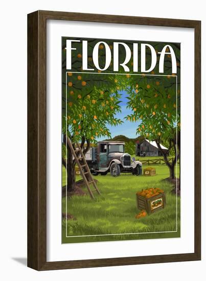 Florida - Orange Grove with Truck-Lantern Press-Framed Premium Giclee Print