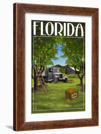 Florida - Orange Grove with Truck-Lantern Press-Framed Premium Giclee Print