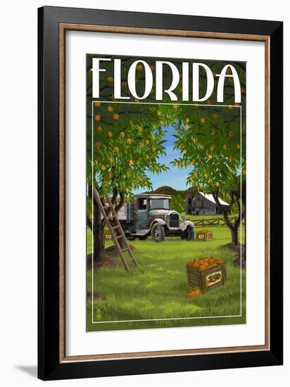 Florida - Orange Grove with Truck-Lantern Press-Framed Premium Giclee Print