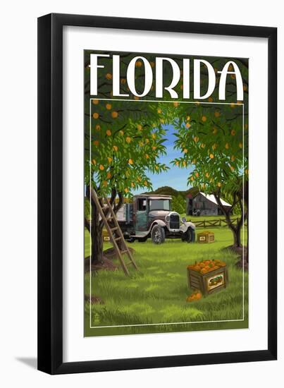 Florida - Orange Grove with Truck-Lantern Press-Framed Premium Giclee Print
