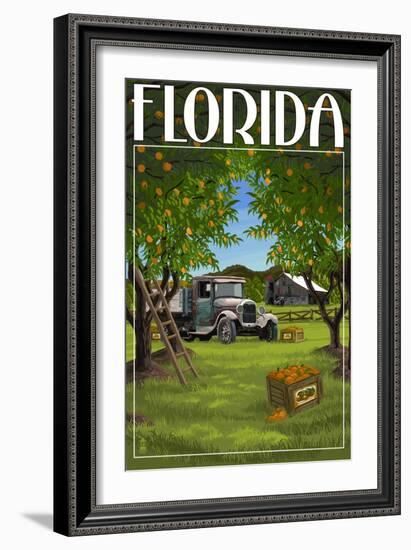 Florida - Orange Grove with Truck-Lantern Press-Framed Premium Giclee Print