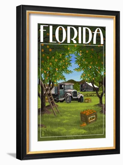 Florida - Orange Grove with Truck-Lantern Press-Framed Premium Giclee Print